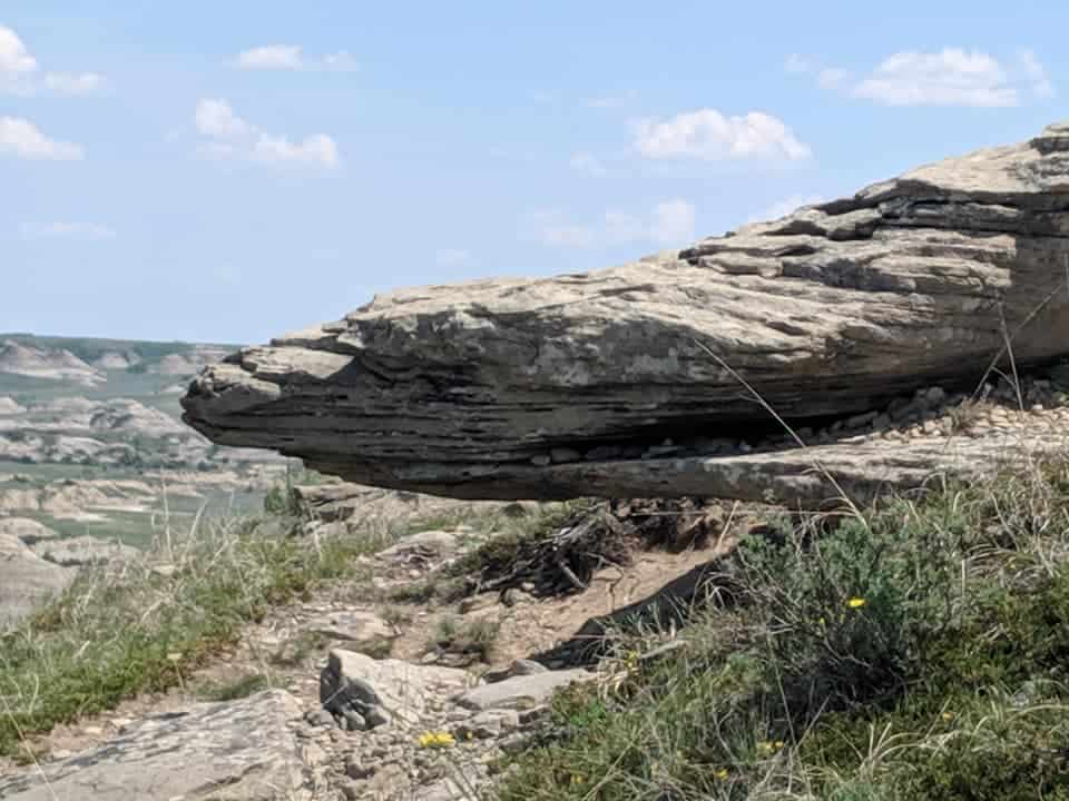Large piece of rock jutting out from the side of a hill over a path. There are grasses on the ground. The rock appears similar to a turtle head/neck and is grey in color.