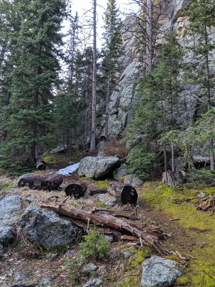 Several smaller boulders with large logs on their sides to the left of a dirt path. There are some more boulders to the right of the path farther ahead. There are a line of trees between the path and the side of a mountain on the right.
