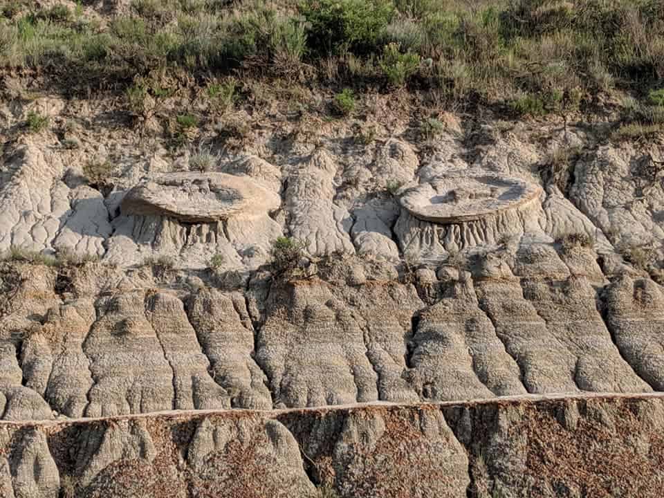 Interesting formation in the side of an incline. There are two raised circles in the rock several feet apart.