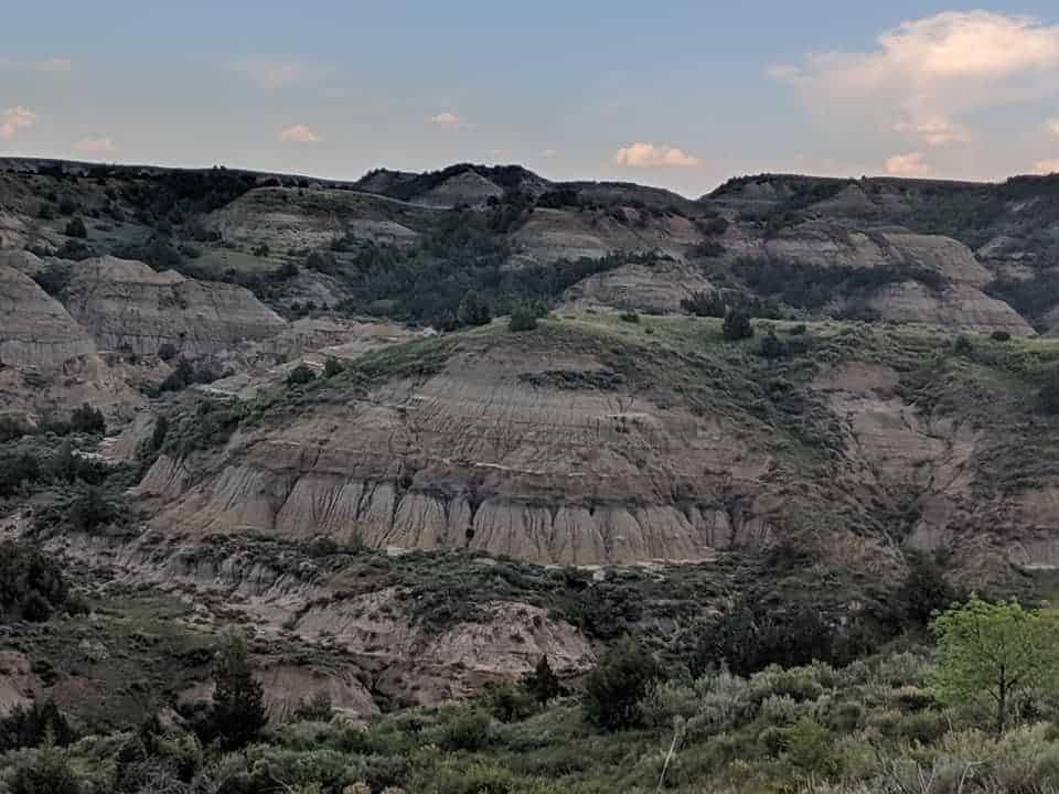 Picture of Painted Canyon in Theodore Roosevelt National Park. There are numerous hills with lines of color in greys, pinks, and oranges. They also have bushes and trees dispersed amongst them with the top of the hills having more greenery in density. The sky is bluish pink with a few clouds as it is late in the day.