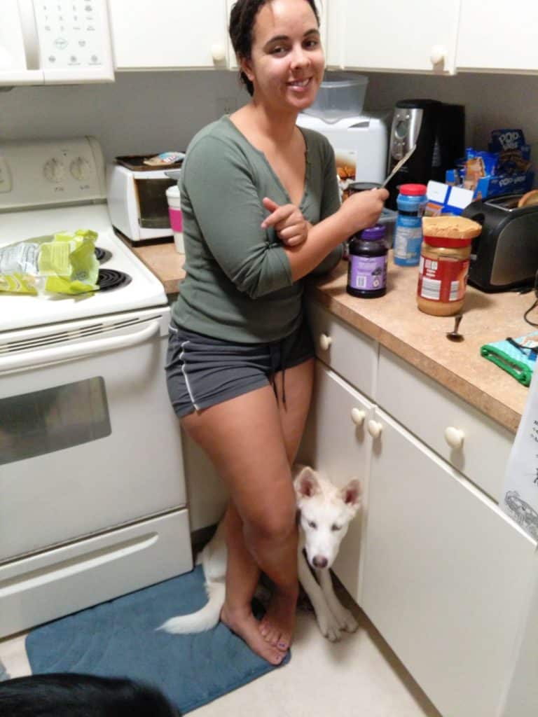 Woman preparing a Peanut butter and jelly sandwich next to a stove with a white husky puppy hiding behind her legs.