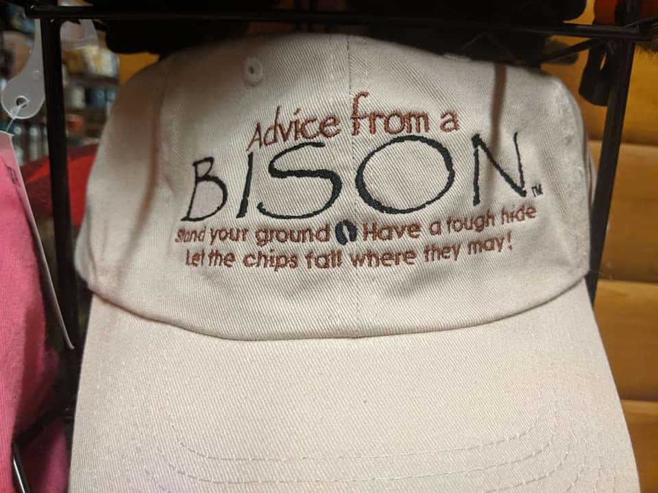 A light brown baseball cap that says "Advise from a bison. Stand your ground. Have a tough hide. Let the chips fall where they may." All writing is in dark brown except for the word 'bison' which is in black.