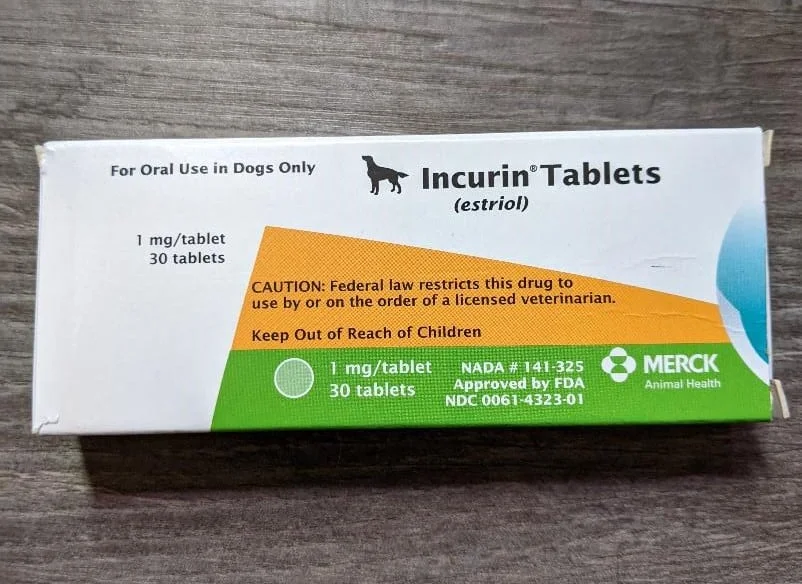 Box of Incurin Tablets, a medication that treats hormonal incontince in dogs