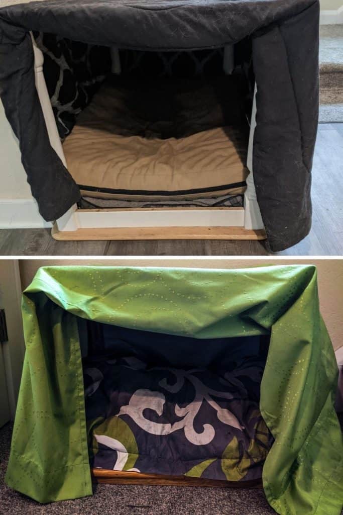 Top half of picture shows the dining room table flipped upside down with a dog bed inside of it and a black comforter draped over the top. This creates the canopy bed. Bottom half of the picture shows the end table upside down with the sham-covered pillow inside with a curtain that matches the pillow draped over the top. This creates the canopy bed.