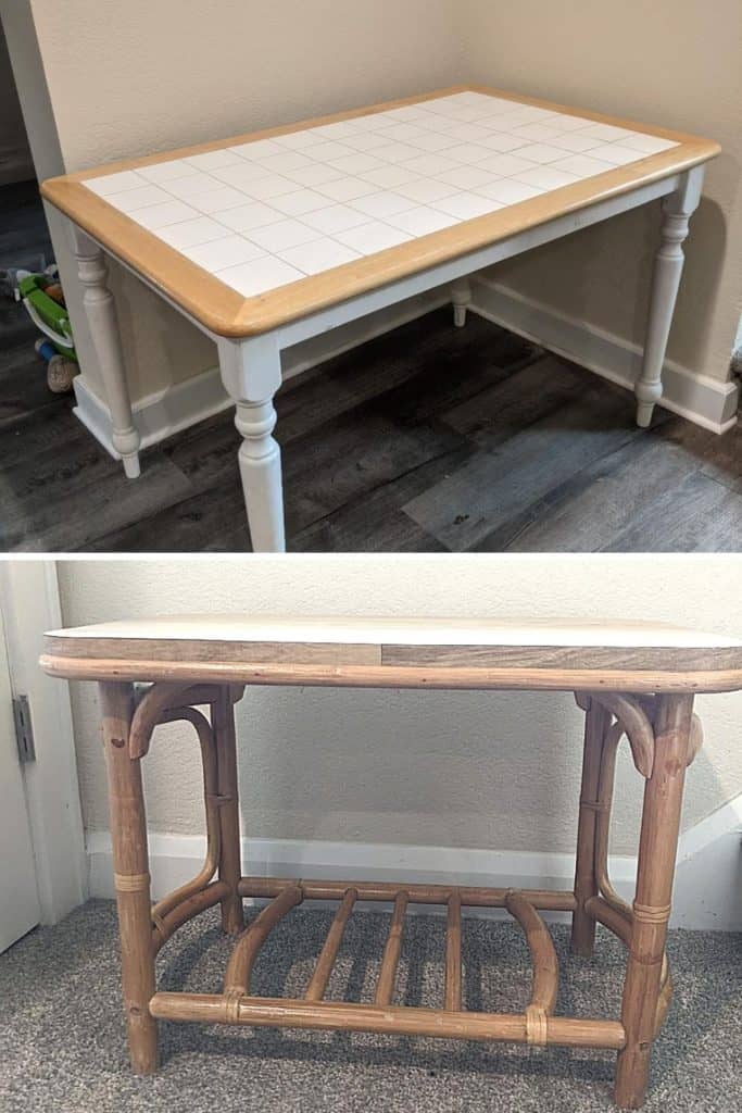 Top half is a picture of a dining room table. Bottom half is a picture of an end table. The end table has a shelf close to the ground.
