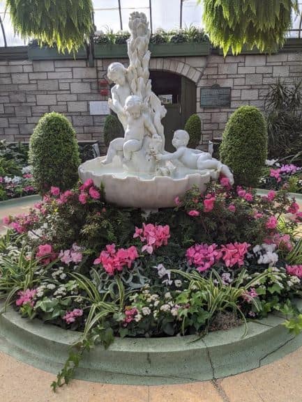 A white statue of three small children. This statue is in the middle of a pool filled with green plants and pink flowers inside the Floral Showhouse