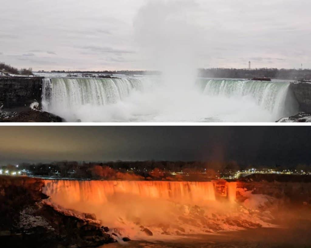 Split screen photo of the Niagara Falls. The top frame is Horseshoe Falls during the day. The bottom frame is at night with the fall lit up in orange.
