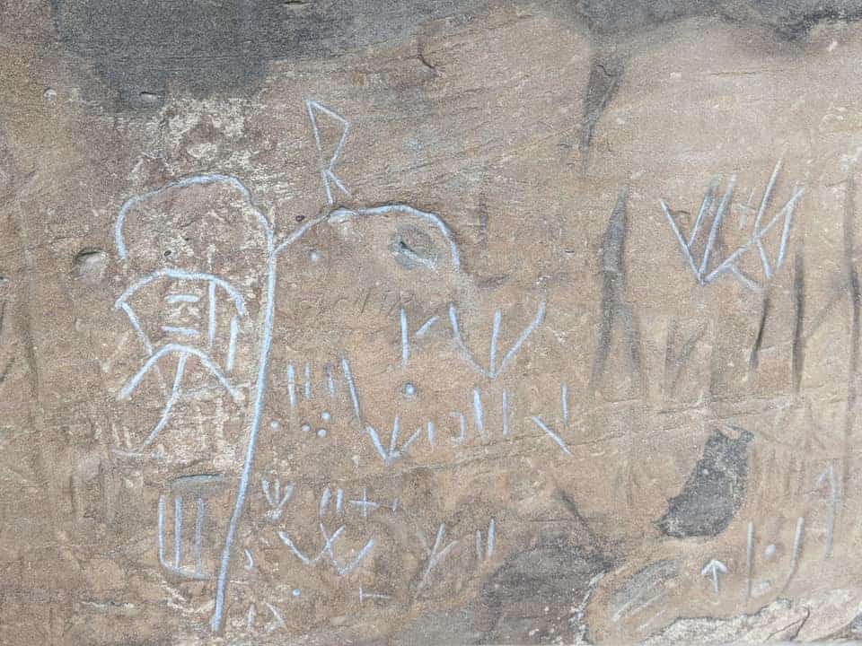 Up close view of several ancient petroglyphs carved into the brown rock.