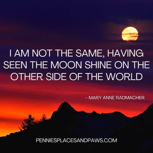 Quote: "I am not the same, having seen the moon shine on the other side of the world"  Background is a sunset.