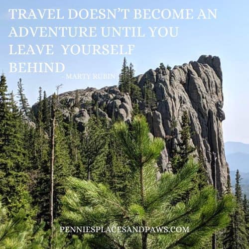 Quote: "Travel doesn't become an adventure until you leave yourself behind". Background is of a Mountain ledge and forest.