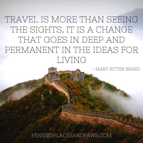 Quote:" Travel is more than seeing the sights. It is a change that goes in deep and permanent in the ideas for the living" Background is a giant stone wall in a forest.