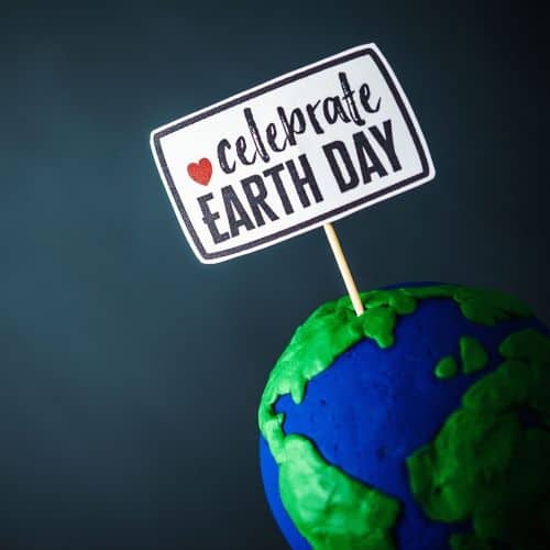 earth made out of clay with a sign stuck into it that says Celebrate EARTH DAY