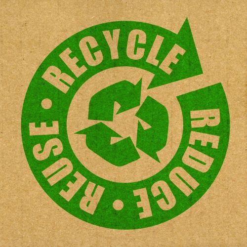 An  arrow in the shape of a circle with the words Recycle, Reuse, and Reduce within the arrow. In the middle is the symbol used for recycling.