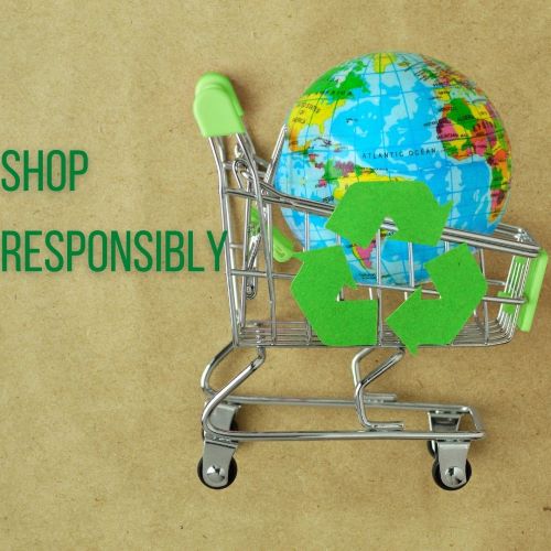 'Shop Responsibly' next to a shopping cart with a recycle symbol on it and a globe inside