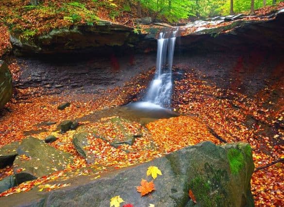 Blue Hen falls. A small waterfall overflowing in the middle of a rock ledge. There are fallen autumn leaves all along the basin.
