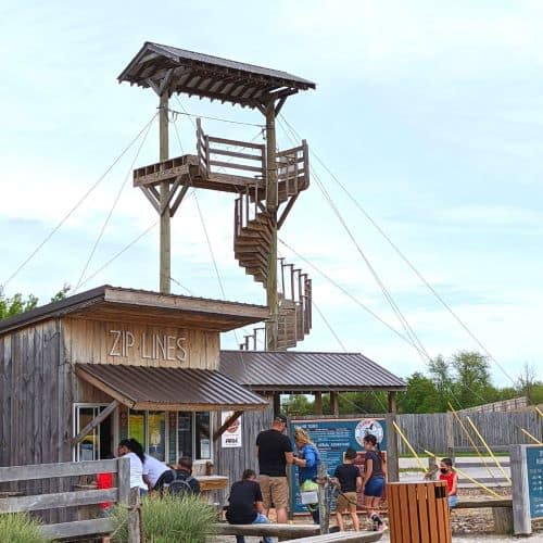 Ticket counter and zip-line tower at Ark Encounter