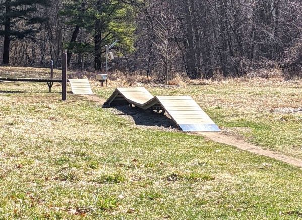 2 wooden ramps that are a part of a mountain biking course at Oak Openings