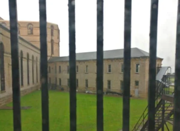 View of the Ohio State Reformatory from one of the barred windows from the side of the Reformatory