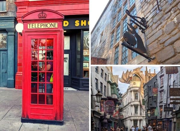 3 photo collage of the red Ministry of Magic phone booth, the leaking Witch's Cauldron sign, and the dragon on top of Gringotts