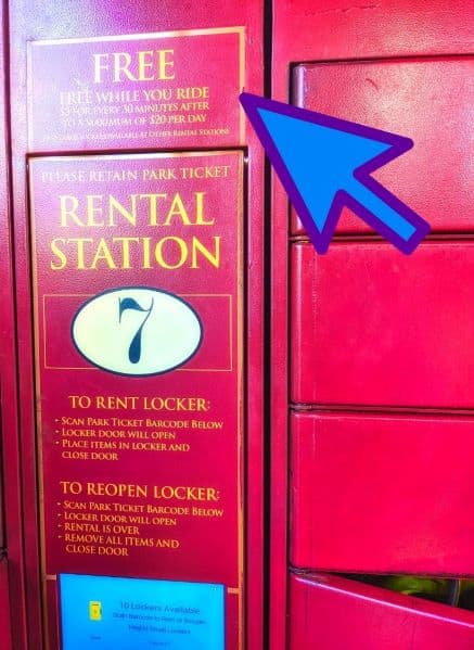 Free Locker sign and instructions at Universal Orlando Resort