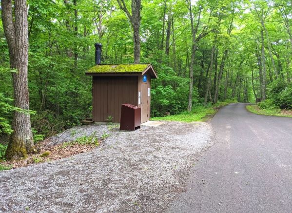 Brown single stall outhouse by road and parking lot at Beartown State Park