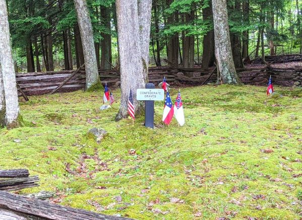 The confederate cemetery. There is a sign that says confederate graves and confederate flags marking each grave site.