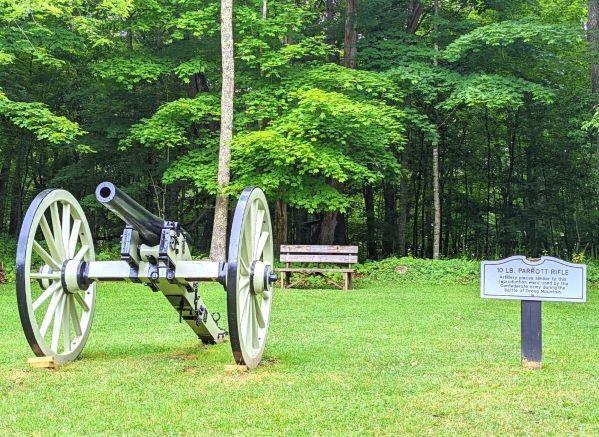 Replica Civil War cannon at Droop Mountain with the forest in the background