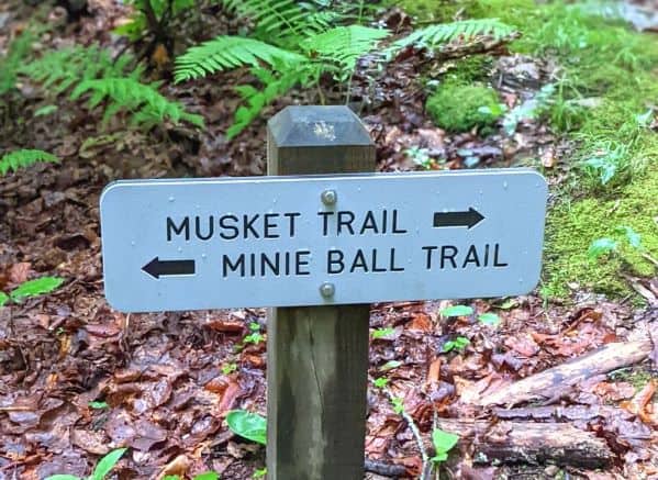 Trail sign pointing to Musket Trail in one direction and Minie Ball Trail in the other.