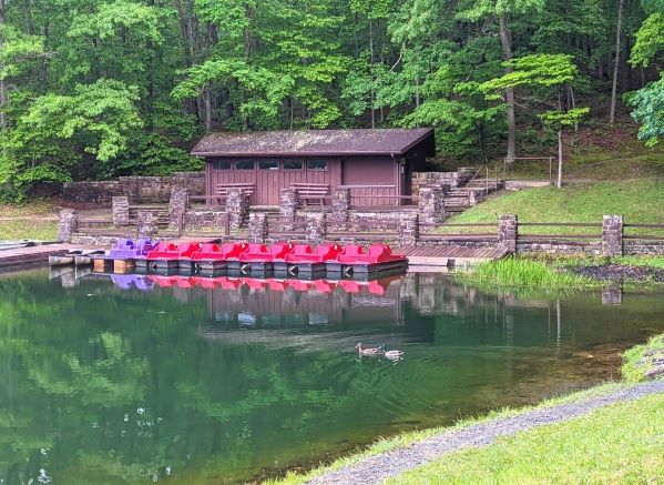 Boley Lake Marina. Brown building behind lake with paddle boats parked in front