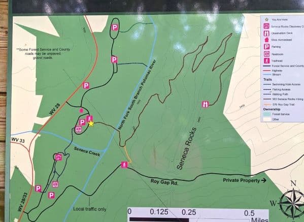 Map of Seneca Rocks Area. Shows parking areas and points of interest