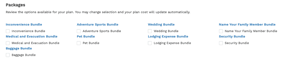Example Chart of insurance options like wedding bundle, adventure sport bundle, pet bundle, etc