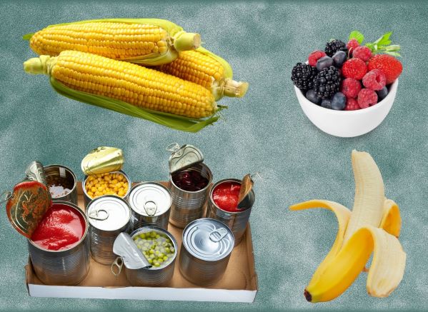 canned fruit and vegetables, corn, bananas, and berries