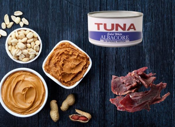 Nut butters, can of tuna, and jerky