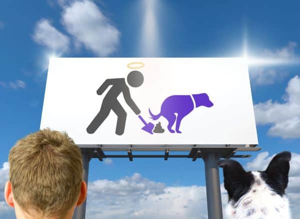 man and dog looking at a billboard that shows a person picking up their dog's poop