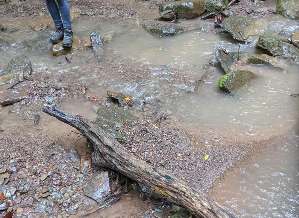 Boots crossing shallow water on a trail in Bluestone State Park