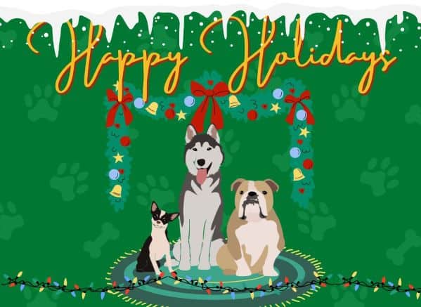 3 cartoon dogs sitting on a Christmas rug under a decorated garland