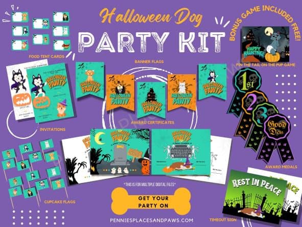 Display of everything in the Printable Party Kit: banners, invitations, Certificates, medals, cupcake tents, food tents, etc.