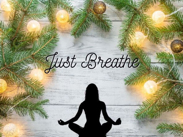 Silouhette of a woman meditating surrounded by pine with white Christmas lights