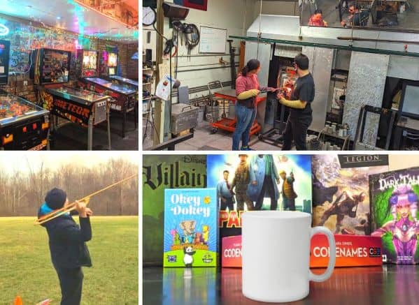 4 photos of unique things to do in Toledo; atlatl throwing, glass blowing, coffee and board games, and pinball