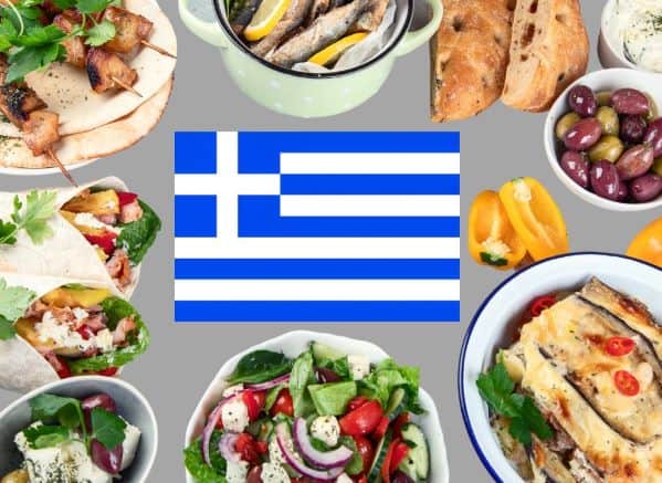 Greek flag surrounded by all types of greek food