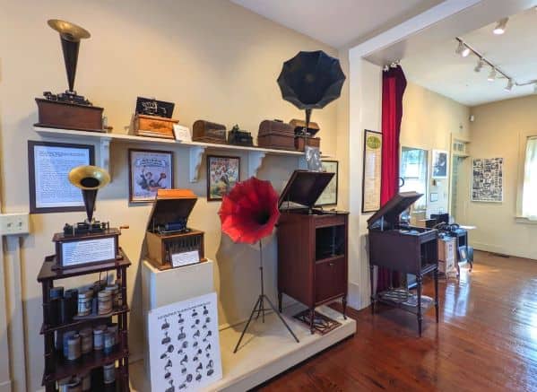 Wall of phonographs in Thomas Edison House