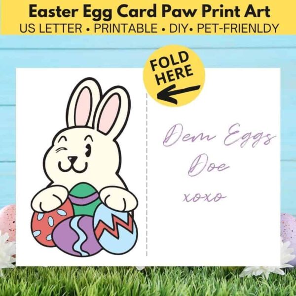 Inside of card. Left side is a rabbit that is winking and holding several decorated eggs. Right side says "Dem Eggs Doe xoxo"