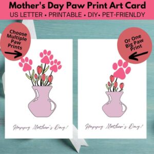 2 card options: Vase with tulips with one paw print, or several paw prints