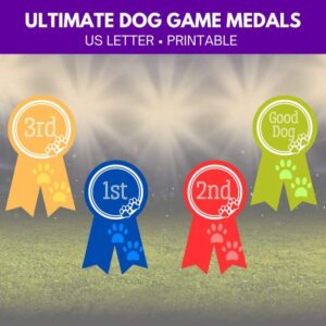 All medals have a circle shape on top with two ribbons that dangle below. In the center of the circle has either 1st, 2nd, 3rd, or Good Dog. -The right ribbon has 2 paw prints on it (color depending on the medal- slightly lighter than the main color of the medal). The circular part has a circle around it with a pair of paw prints on the lower right side. 1st- blue 2nd- red 3rd- orange Good Dog- green