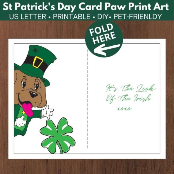 Inside of card. Left side has dog leprechaun next to 4-leaf clover. Right side says "It's the Lick of the Irish xoxo"