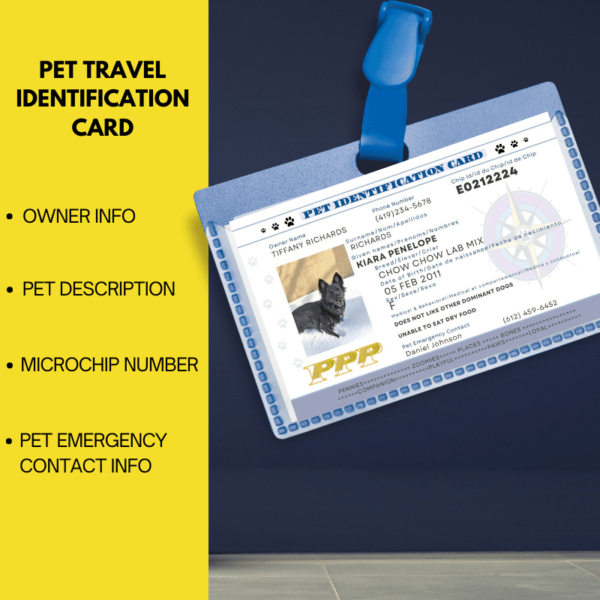 Pet Travel ID Card shop Listing Templates (lists owner and pet info, as well as emergency contact)