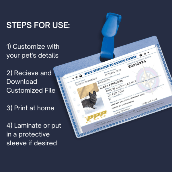 Pet Travel ID Card shop Listing Templates Steps for use (customize, receive & download file, print)