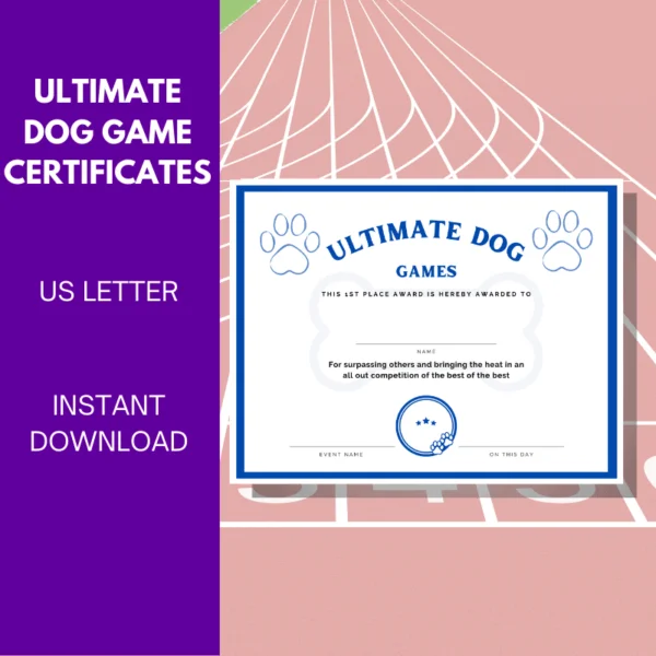 Ultimate dog games certificate- instant download