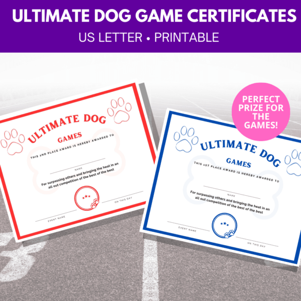 Ultimate dog games certificate- perfect for prizes
