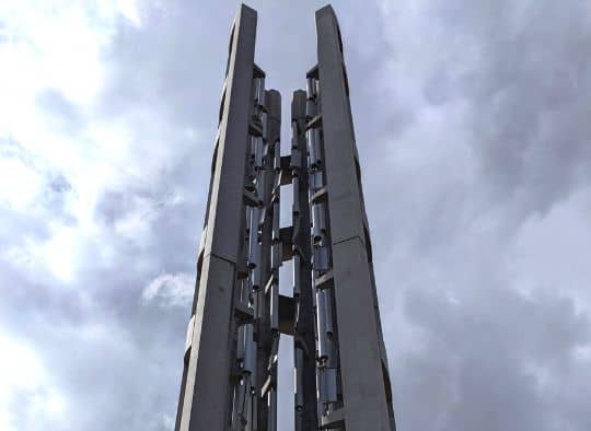 Up close view of chimes in the Tower of Voices